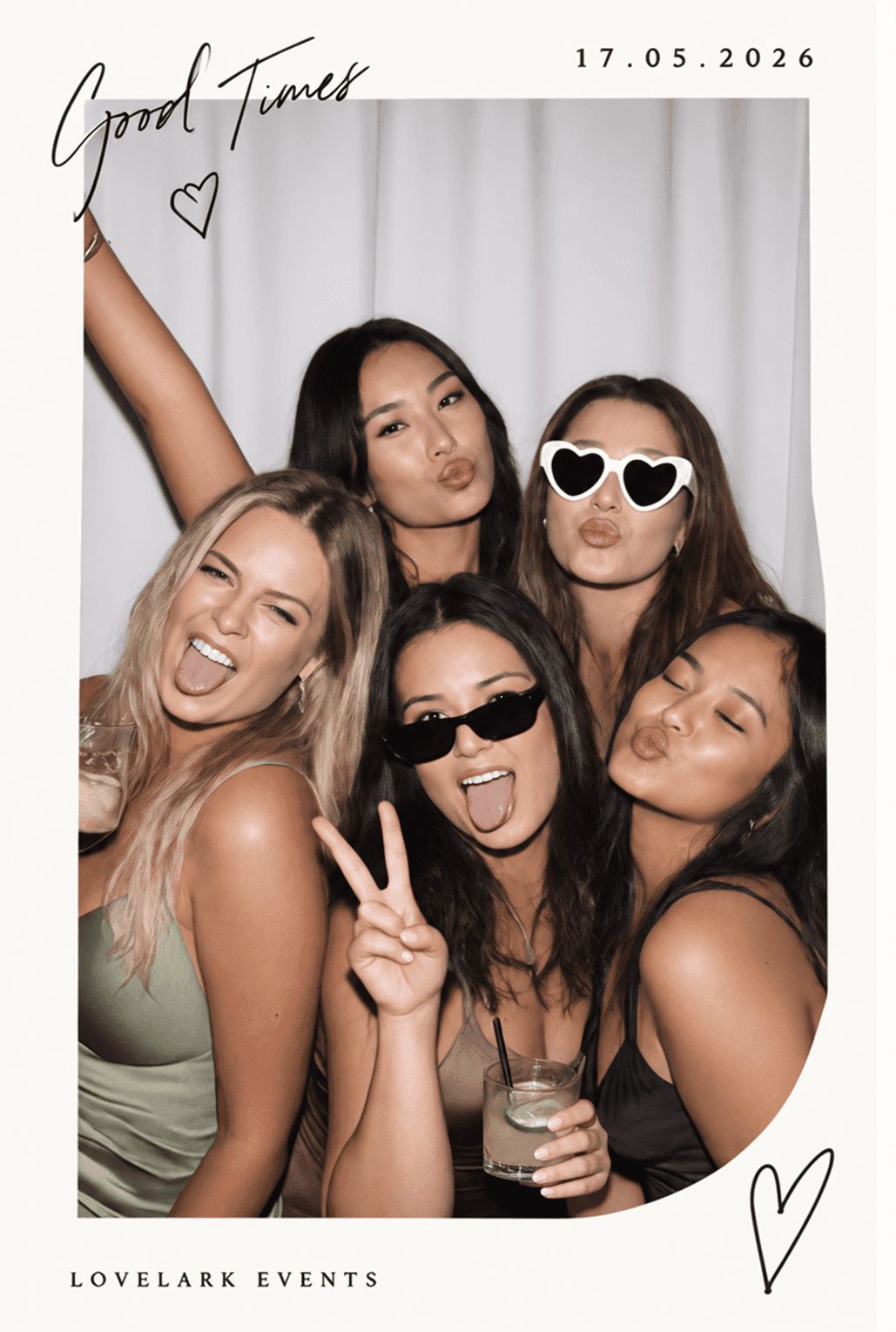 LoveLark Events photo booth print — Good Times overlay, bridal party with heart sunglasses