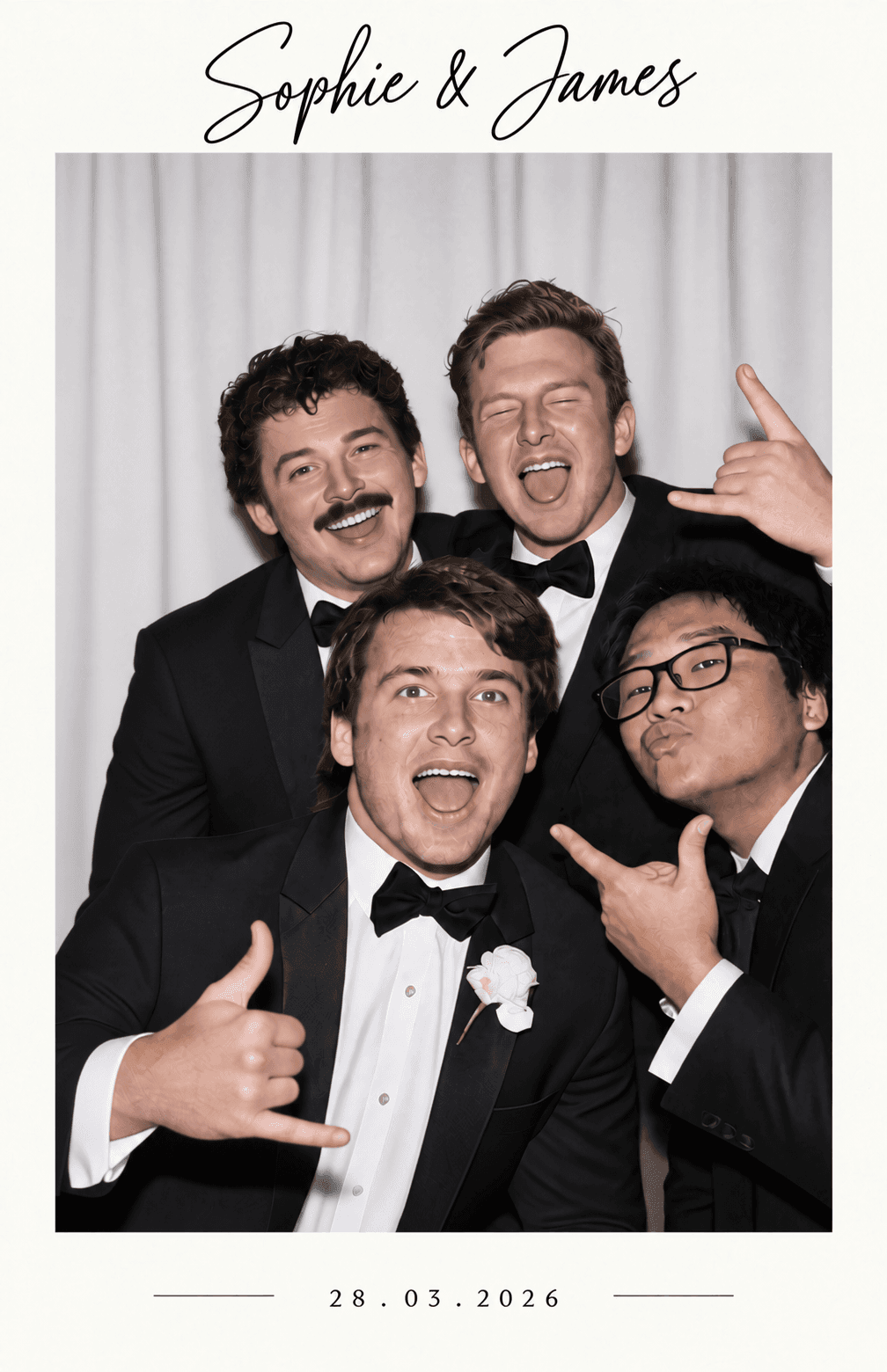 LoveLark Events photo booth print — Same Crew New Chapter overlay, groomsmen in tuxedos