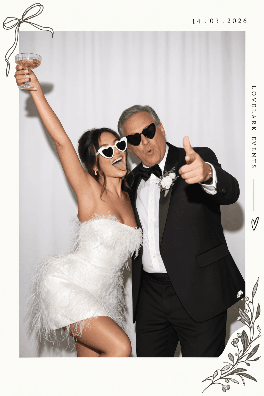 LoveLark Events photo booth print — bride and guest posing with heart sunglasses