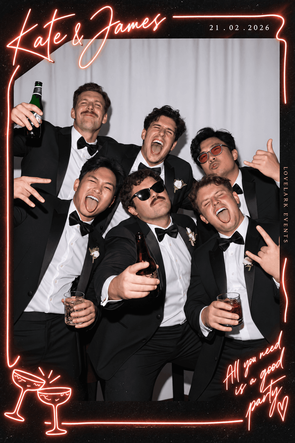 LoveLark Events neon overlay print — groomsmen celebrating at a Melbourne wedding booth
