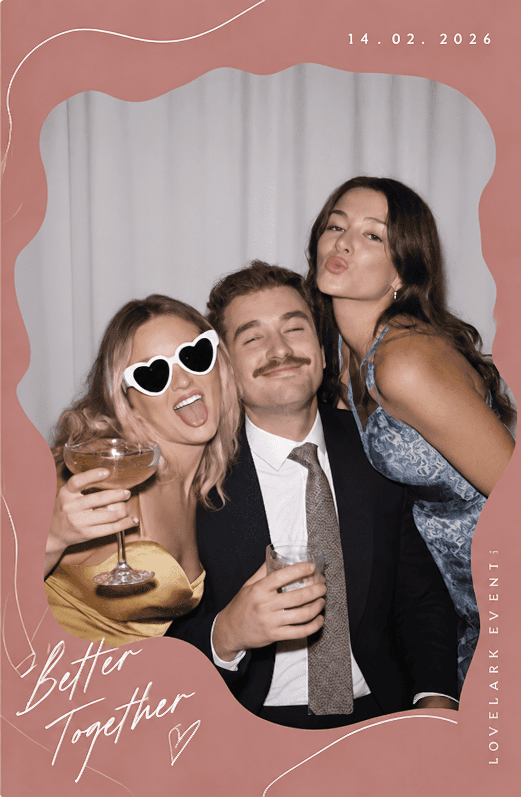 LoveLark Events dusty rose Better Together overlay print — wedding guests posing together
