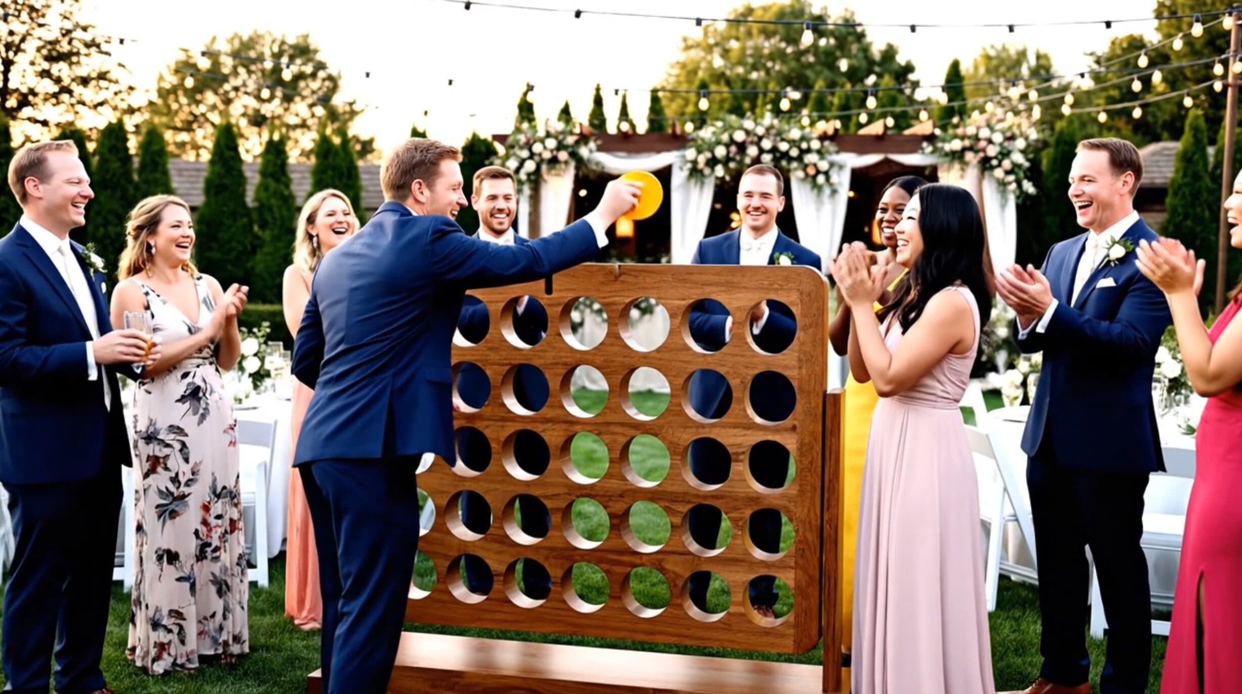 LoveLark Events giant Connect 4 hire — wedding guests playing on the lawn