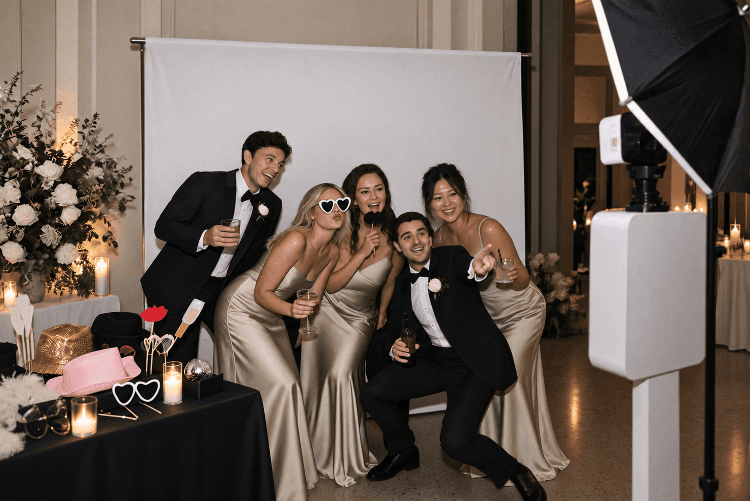 LoveLark Events Digital Booth wedding package with guests and studio lighting